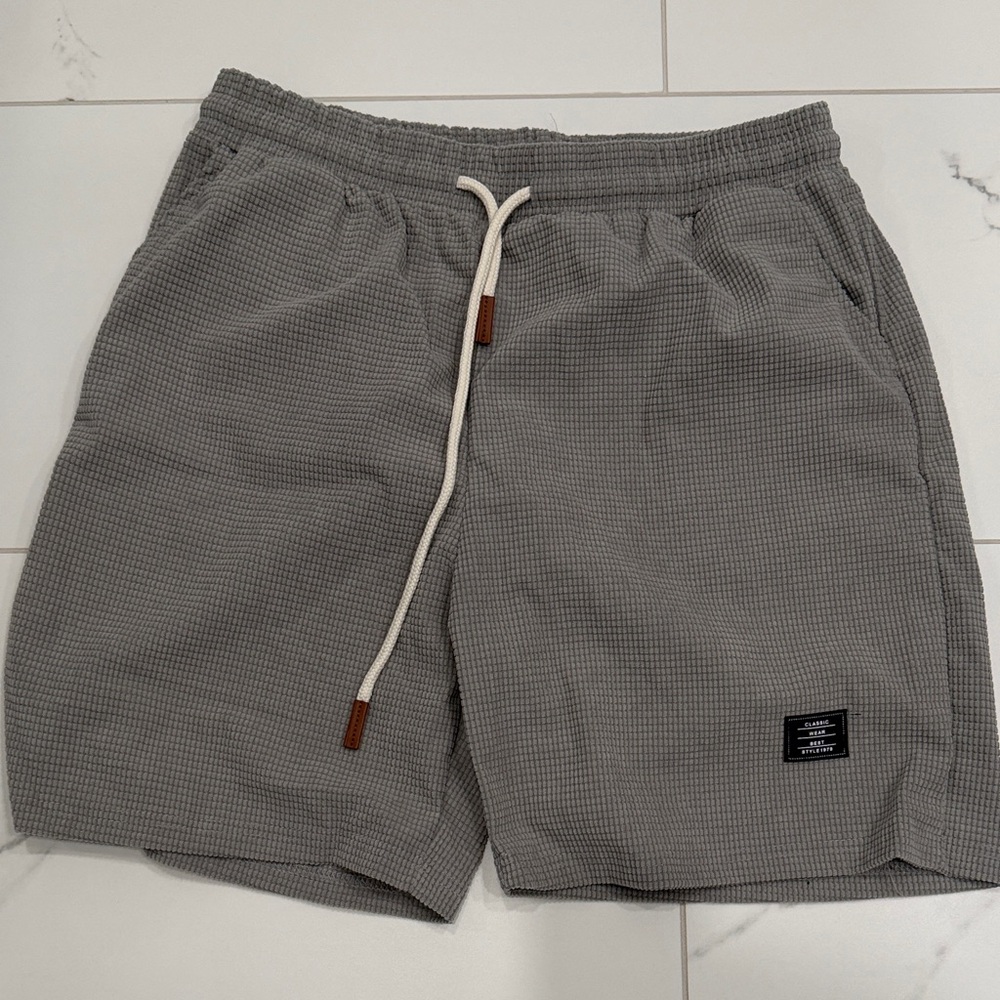 Textured Gray Waffle Knit Drawstring Shorts
